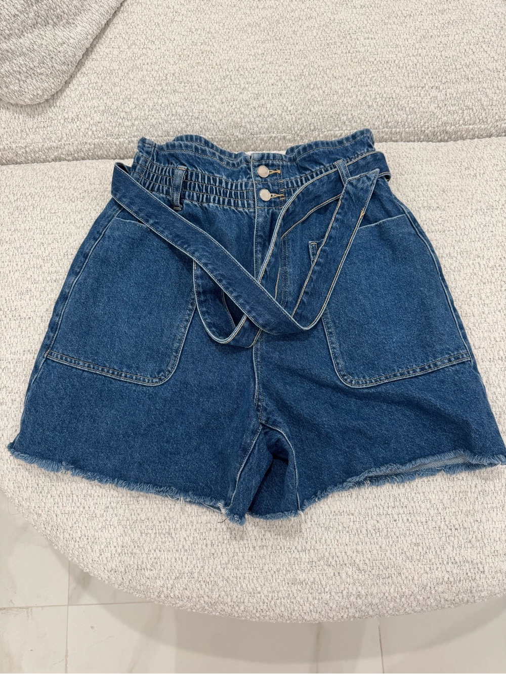 ZARA High Rise Paperbag Belted Jean Shorts